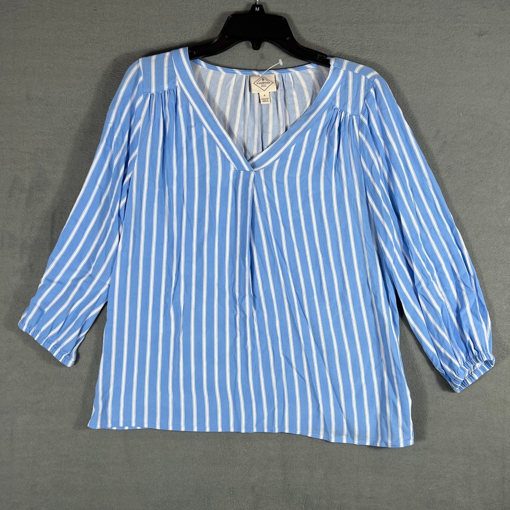 St. John's Bay Womens Blouse S Blue White Striped Relaxed 3/4 Balloon Sleeve